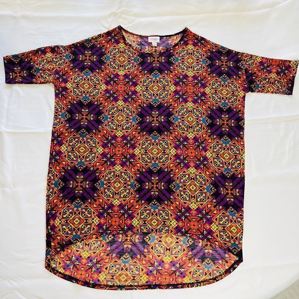 LulaRoe Irma Womens Multicolor Aztec Hi Low Tunic Shirt Stretch Travel M 0710